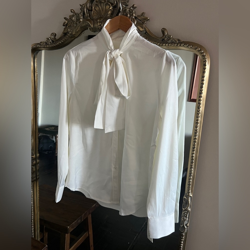 NWT Silk/Satin White Blouse with Tie Detail